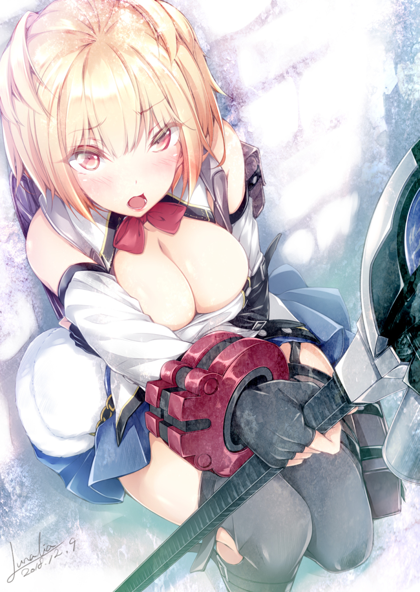 1girl black_gloves black_thighhighs blonde_hair blue_skirt blush bow bowtie breasts claire_victorious cleavage commentary_request dated detached_sleeves fingerless_gloves gloves god_eater god_eater_3 highres long_hair looking_at_viewer luna_lia open_mouth red_bow red_bowtie red_eyes short_hair signature skirt solo thighhighs