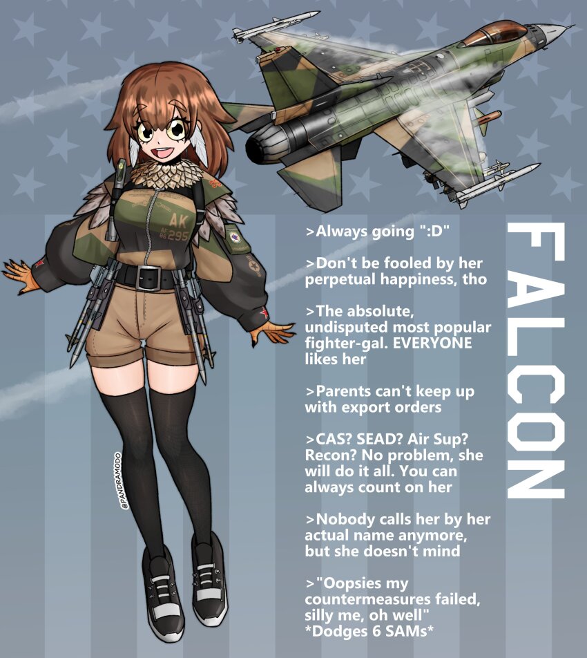 1girl :d absurdres aircraft airplane belt boots breasts brown_hair english_text f-16_fighting_falcon fighter_jet full_body gloves highres jet long_hair long_sleeves medium_breasts military_uniform military_vehicle open_mouth original pandramodo personification shorts smile standing thighhighs yellow_eyes