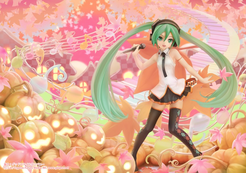 1girl :d argyle_clothes argyle_thighhighs bad_id bad_pixiv_id bare_shoulders black_eyes black_necktie black_skirt collared_shirt company_name eighth_note green_eyes green_hair green_nails hair_between_eyes halloween hatsune_miku head_tilt holding holding_microphone jack-o&#039;-lantern leaf long_hair looking_at_viewer maple_leaf microphone musical_note nail_polish necktie nekoita open_mouth pleated_skirt shirt skirt sleeveless sleeveless_shirt smile solo standing thighhighs twintails very_long_hair vocaloid watermark white_shirt wing_collar