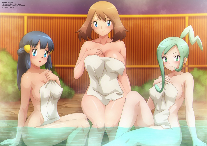 3girls arm_support bamboo blue_eyes blue_hair blush breasts brown_hair bush cleavage collarbone creatures_(company) dawn_(pokemon) fence game_freak green_eyes green_hair hair_ornament hairclip hand_on_own_chest large_breasts lisia_(pokemon) long_hair looking_at_viewer may_(pokemon) medium_breasts multiple_girls naked_towel night night_sky nintendo nude onsen open_mouth partially_submerged pokemon pokemon_dppt pokemon_oras pokemon_rse ponytail sitting sky smile soaking_feet star_(sky) starry_sky steam towel water zel-sama