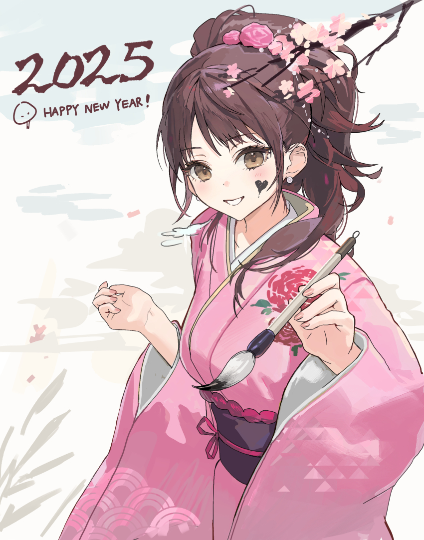 1girl 2025 absurdres alternate_costume brown_eyes brown_hair calligraphy_brush facial_mark grin happy_new_year heart heart_facial_mark highres holding holding_brush hy_(hem_oo) japanese_clothes kimono kujikawa_rise long_hair long_sleeves looking_at_viewer new_year obi obiage obijime paintbrush persona persona_4 pink_kimono ponytail sash sidelocks smile solo