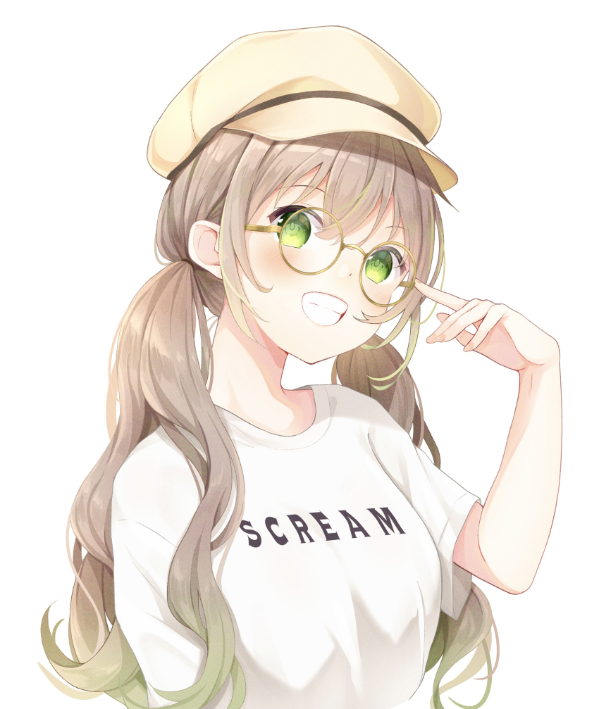 1girl absurdres brown_hair cabbie_hat clenched_teeth glasses green_eyes green_hair hand_up hat highres koki_(latte1023) long_hair looking_at_viewer low_twintails multicolored_hair original shirt short_sleeves simple_background smile solo teeth twintails upper_body white_background white_shirt yellow_hat