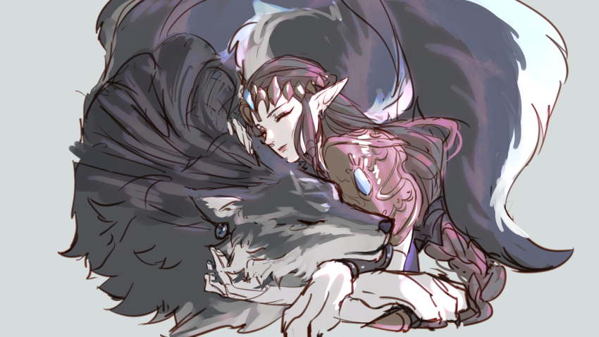 1boy 1girl animal animal_earrings armor brown_hair closed_eyes crown elbow_gloves gloves grey_background grey_fur highres hug kurokawa_karasu link long_hair nintendo pointy_ears princess_zelda shoulder_armor sidelocks sketch the_legend_of_zelda the_legend_of_zelda:_twilight_princess white_gloves wolf_link