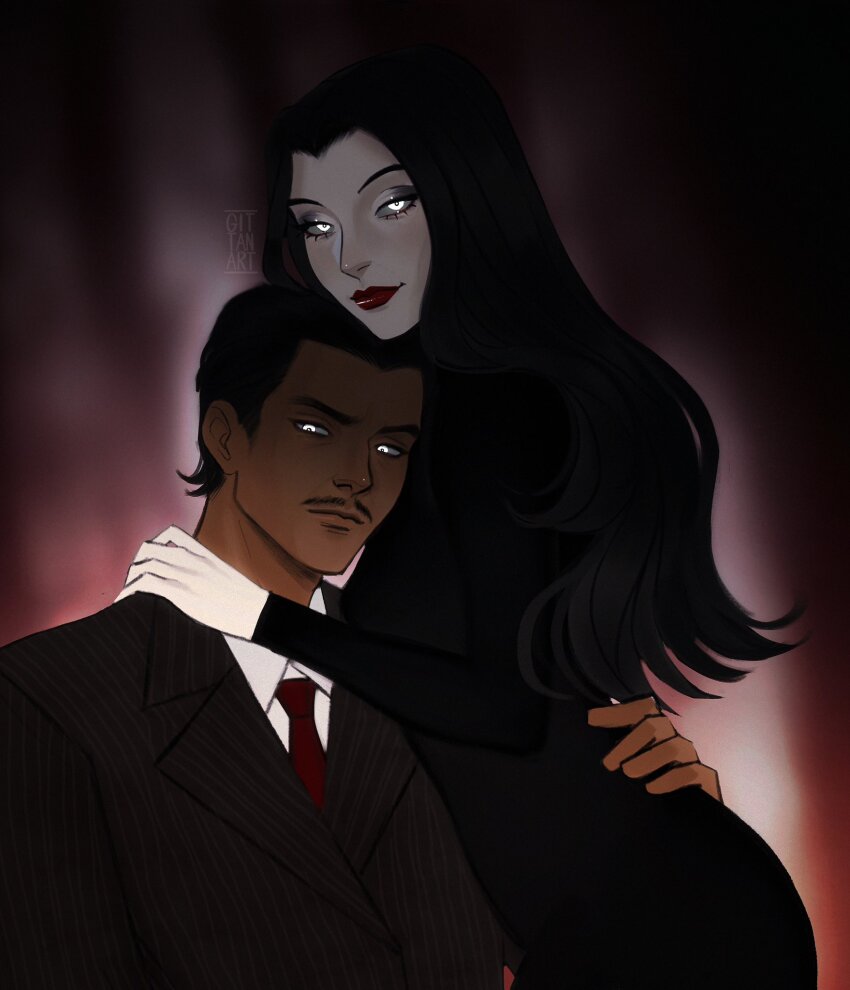 1boy 1girl addams_family artist_name black_dress black_hair blurry blurry_background closed_mouth commentary couple dark-skinned_male dark_skin dress facial_hair formal_clothes gittanart gomez_addams highres hug long_hair long_sleeves looking_at_viewer morticia_addams mustache pale_skin red_lips short_hair striped_clothes suit vertical-striped_clothes