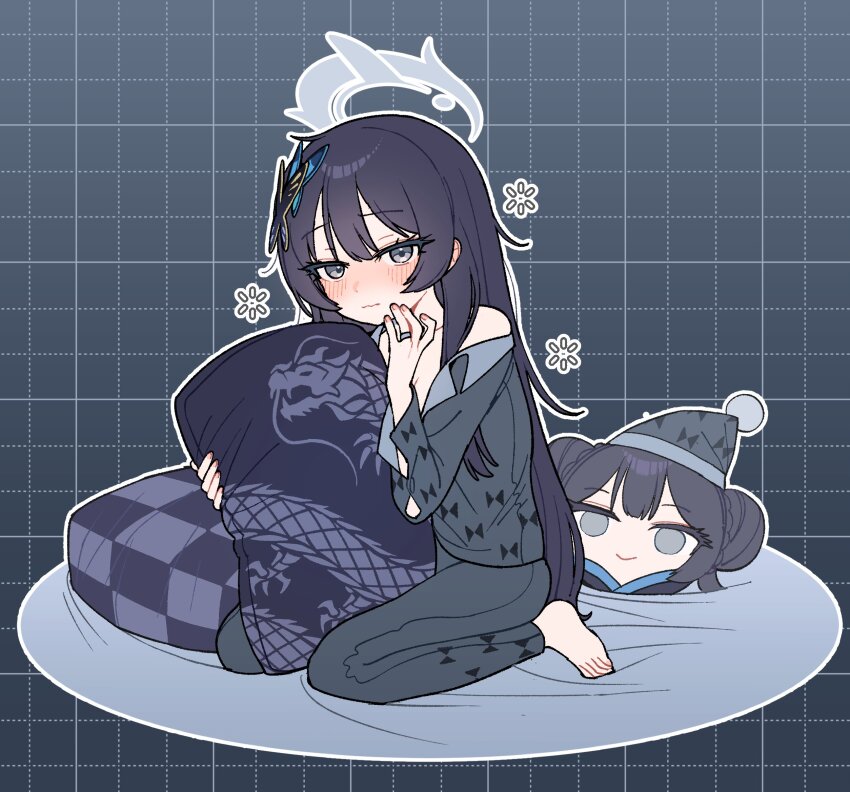 1girl bare_shoulders black_hair blue_archive blush butterfly_hair_ornament checkered_pillow commentary_request dragon_print gradient_background grey_eyes grey_halo grey_pants grey_shirt grid_background hair_down hair_ornament halo highres je_o_mo jewelry kisaki_(blue_archive) long_hair pajamas pants partial_commentary pillow ring shirt sitting souvenir_doll_(blue_archive) unbuttoned unbuttoned_shirt wariza wavy_mouth