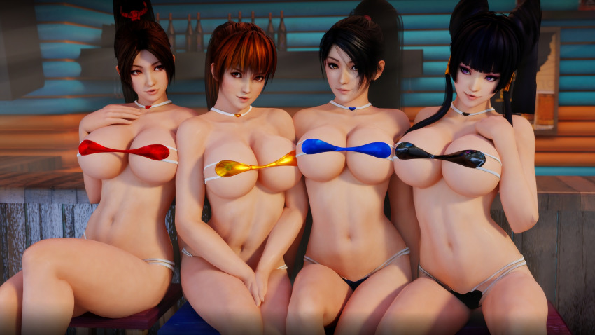 3d 4girls adeptusinfinitus big_bressts bikini black_hair brown_eyes brown_hair dead_or_alive kasumi_(doa) micro_bikini momiji_(ninja_gaiden) multiple_girls nyotengu ponytail purple_eyes red_hair shiranui_mai sitting swimsuit tagme