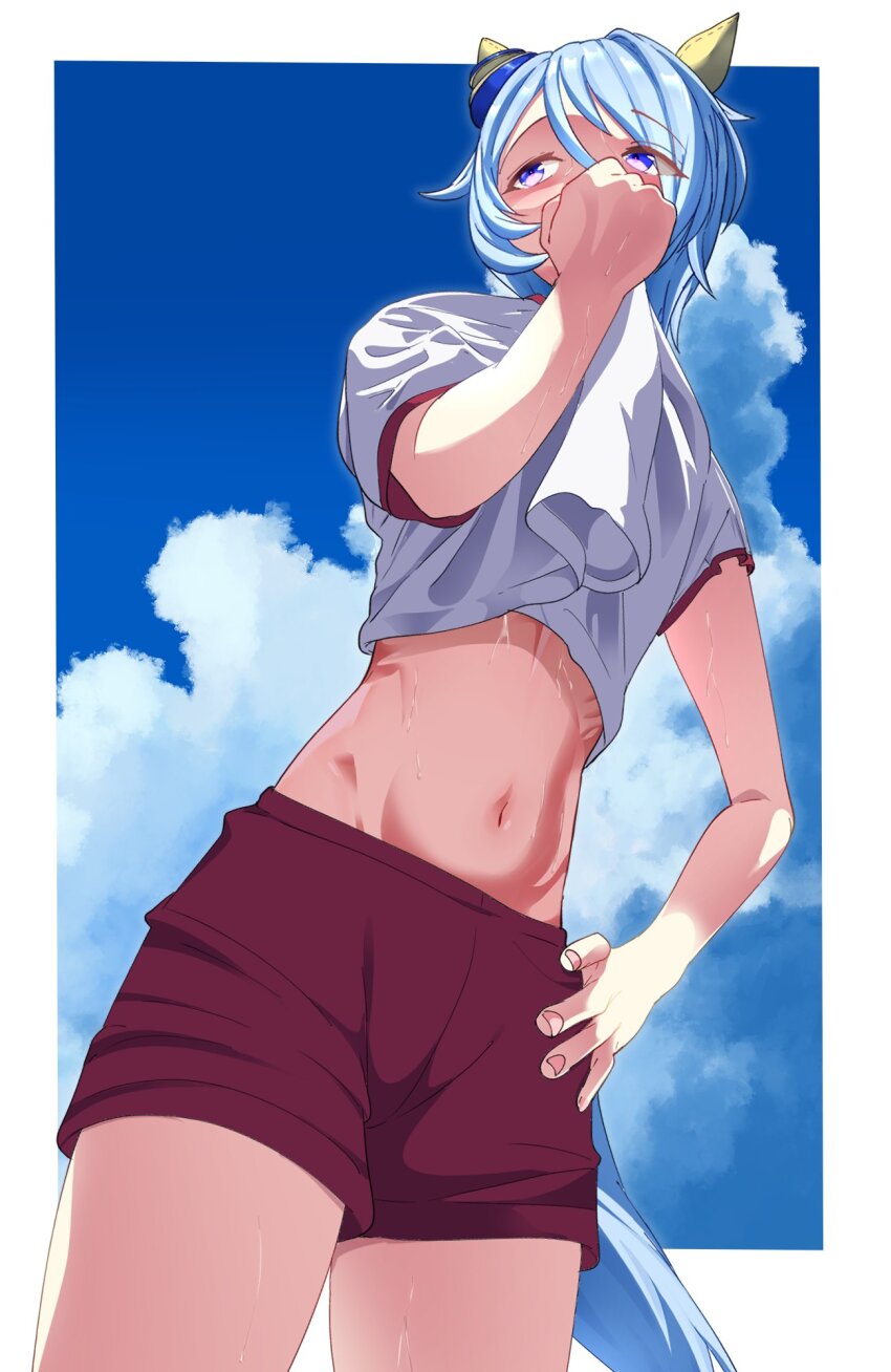 1girl animal_ears blue_hair blue_sky border clothes_lift cloud cloudy_sky commentary commentary_request day ear_ornament hand_on_own_hip highres horse_ears horse_girl horse_tail k.s.miracle_(umamusume) looking_afar navel outdoors purple_eyes shirt_lift short_hair shorts sky smoke_klll solo stomach sweat tail thighs umamusume white_border wiping_face