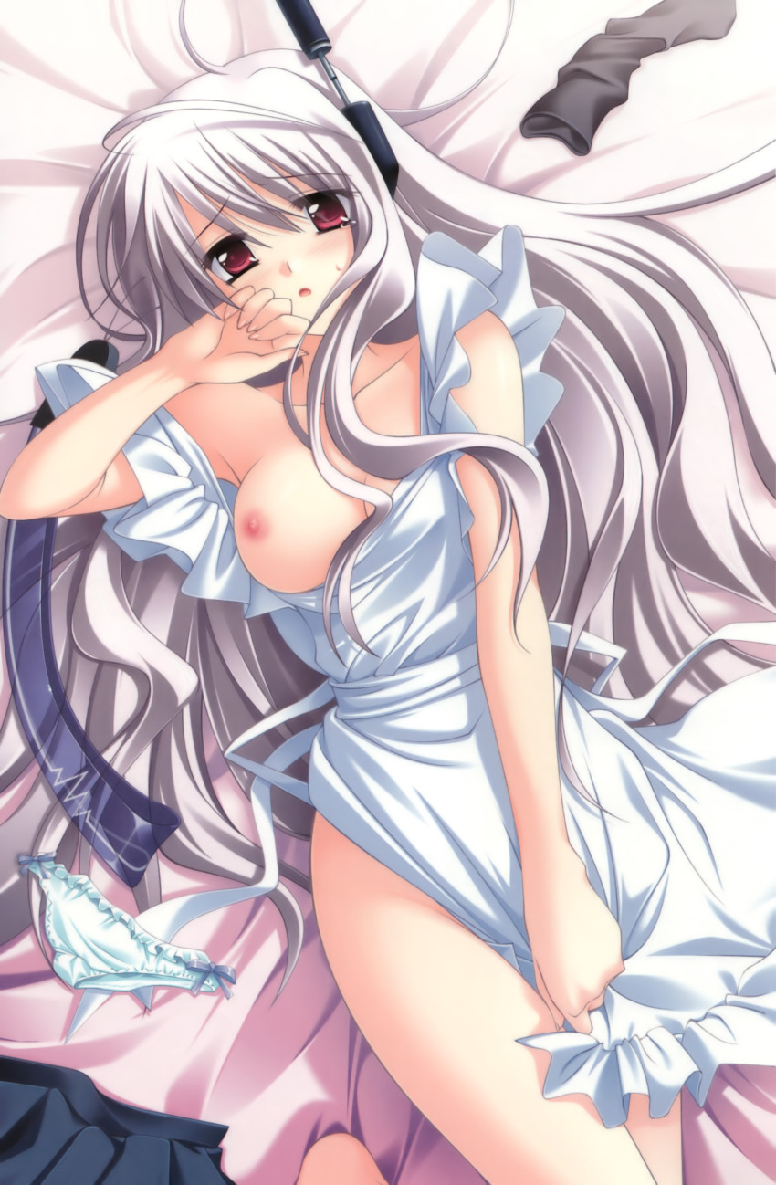 1girl absurdres apron breasts fairly_life female_focus highres long_hair matsushita_makako naked_apron panties rakko_(makarakko) silver_hair solo takaoka_miku underwear very_long_hair