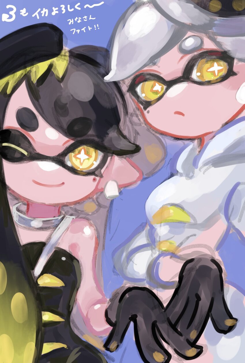 2girls ;) bare_shoulders black_dress black_gloves black_hair blonde_hair blue_background breasts bright_pupils callie_(splatoon) coat collar cousins cross-shaped_pupils dress earrings food food_on_head gloves gradient_hair grey_hair highres inkling jewelry long_hair marie_(splatoon) medium_breasts metal_collar mole mole_under_eye multicolored_hair multiple_girls nintendo object_on_head one_eye_closed plum0o0 pointy_ears short_eyebrows simple_background smile splatoon_(series) splatoon_3 strapless strapless_dress symbol-shaped_pupils two-tone_hair white_coat white_pupils yellow_eyes