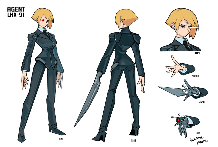 1girl absurdres arm_blade arm_cannon arms_at_sides black_pants black_suit blonde_hair character_name character_sheet cyberpunk cyborg eye_trail formal_clothes from_behind full_body high_heels highres jacket koutetu_yarou light_trail multiple_views necktie original pant_suit pants red_eyes science_fiction serious short_hair signature standing suit suit_jacket very_short_hair weapon white_background