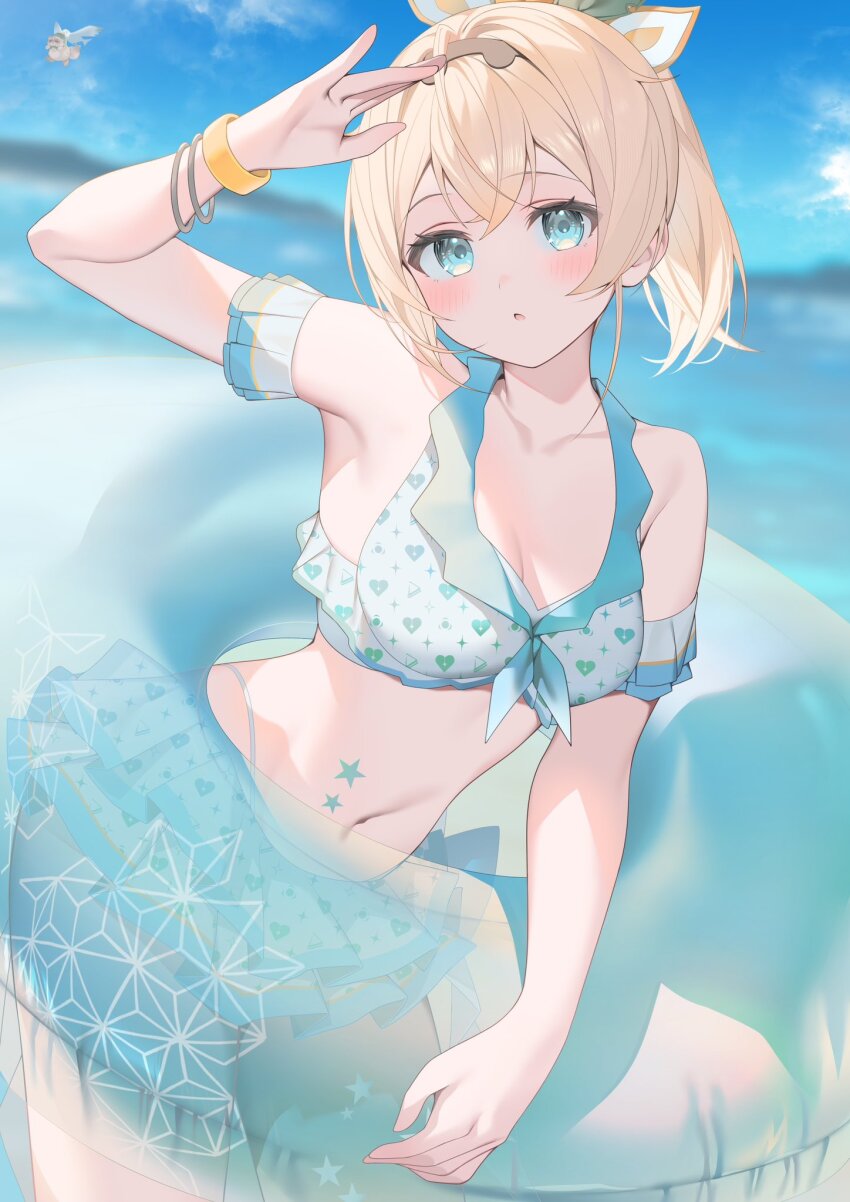 1girl aqua_eyes bikini bikini_skirt bird blonde_hair green_bikini highres hololive hololive_summer_2022_swimsuit innertube kazama_iroha navel ocean pokobee ponytail ryuya seagull swim_ring swimsuit tanuki virtual_youtuber wristband