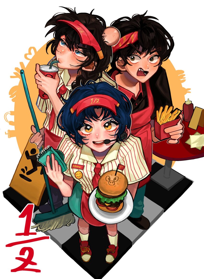 1girl 2boys blue_hair burger character_name cute_ass0_0 employee_uniform fast_food_uniform food french_fries hibiki_ryouga highres multiple_boys necktie open_mouth p-chan ranma_1/2 saotome_ranma short_hair skirt standing teeth tendou_akane upper_teeth_only waitress