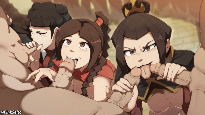 3boys 3girls avatar:_the_last_airbender avatar_legends azula black_hair blush braid breasts brown_eyes brown_hair double_handjob erection fellatio group_sex hair_bun handjob highres licking licking_penis long_hair looking_at_viewer mai_(avatar) medium_breasts multiple_boys multiple_girls nipples open_mouth oral orphen_(pink_seito) penis single_hair_bun surrounded_by_penises tongue topknot twitter_username ty_lee