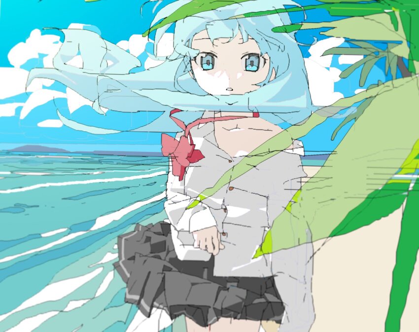 1girl aqua_eyes aqua_hair arm_at_side beach black_skirt blue_sky bow bowtie cloud cowboy_shot day denpa_onna_to_seishun_otoko dress_shirt floating_hair floating_neckwear highres horizon leaf long_hair looking_at_viewer loose_bowtie microsoft_paint_(medium) ocean off_shoulder outdoors palm_tree parted_lips red_bow red_bowtie shirt single_sleeve_past_fingers skirt sky solo standing tkwkai touwa_erio tree white_shirt wind wind_lift