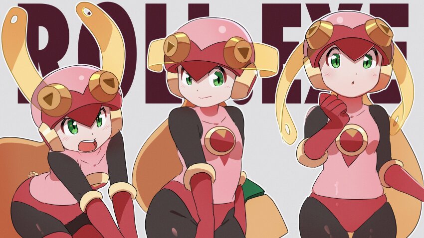 1girl 3suisousui black_bodysuit blonde_hair bodysuit character_name green_eyes grey_background heart helmet highres leotard long_hair mega_man_(series) mega_man_battle_network_(series) multiple_views open_mouth pink_helmet pink_leotard roll.exe_(mega_man) simple_background smile teeth tongue upper_teeth_only