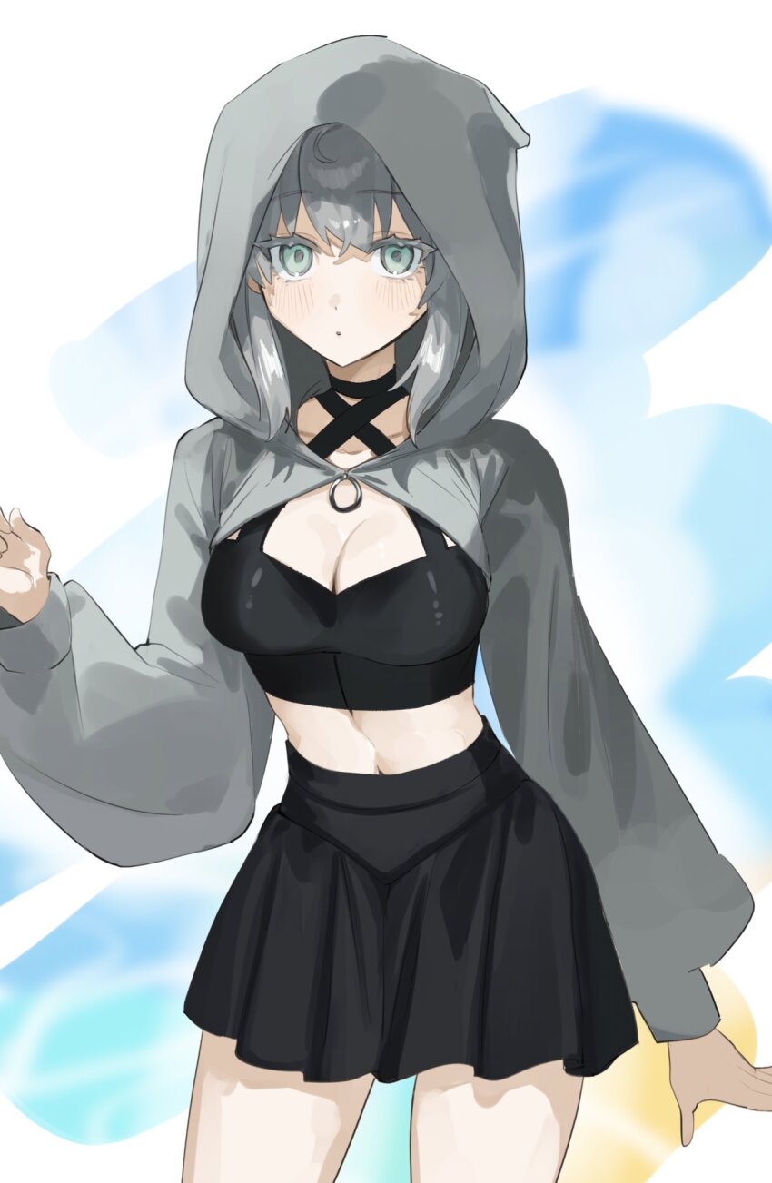 1girl :o aqua_eyes black_skirt blush breasts cleavage cropped_jacket fate/grand_order fate_(series) gray_(fate) grey_hair grey_jacket highres hood hood_up hooded_jacket jacket long_sleeves looking_at_viewer lord_el-melloi_ii_case_files medium_breasts midriff_peek official_alternate_costume sidelocks skirt solo tokoni_fusu