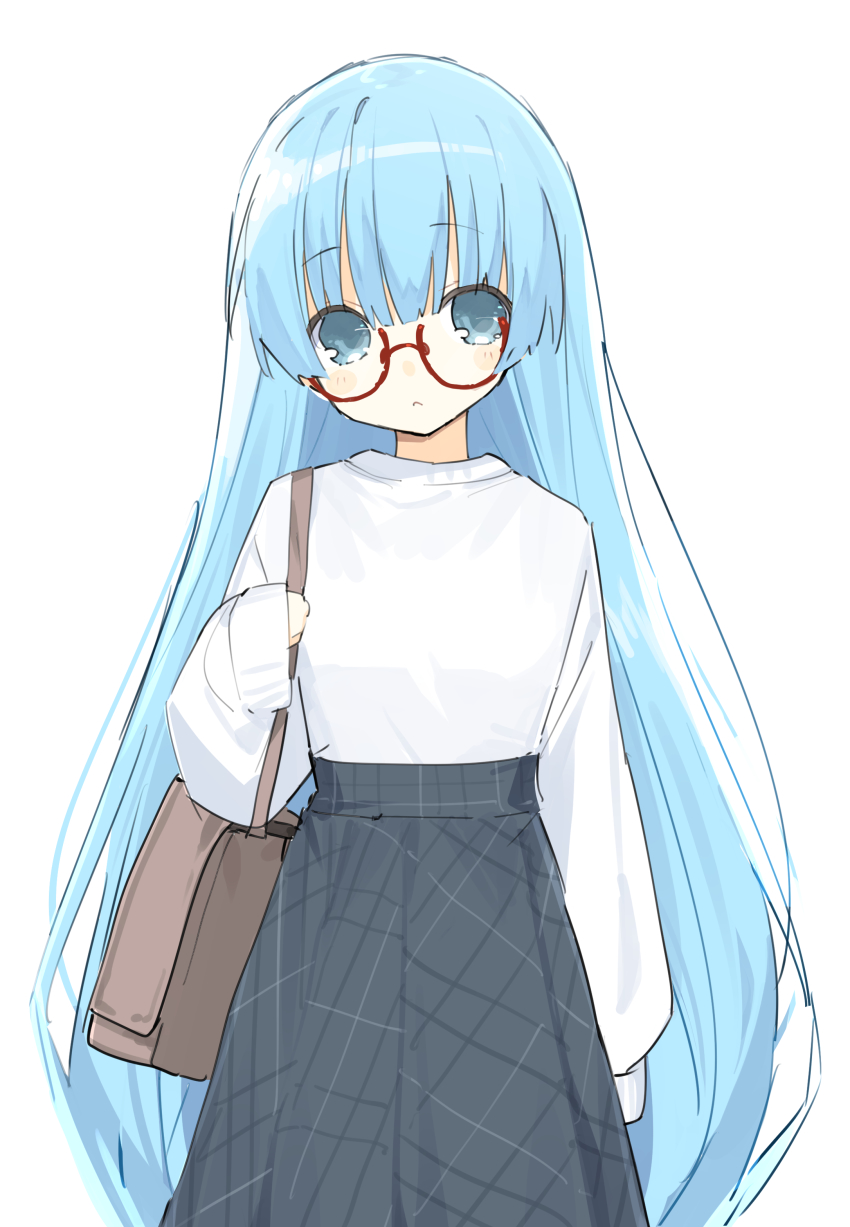 1girl absurdres alternate_costume bag blue_eyes blue_hair blush buran_buta closed_mouth commentary_request cowboy_shot expressionless glasses hair_between_eyes highres long_hair long_skirt looking_at_viewer neptune_(series) nishizawa_mina no_headwear no_headwear shirt simple_background skirt solo white_background white_shirt