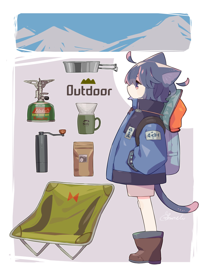 absurdres ahoge animal_ears backpack backpacking_stove bag blue_coat boots border cat_ears cat_tail chair coat coffee_grinder detached_ahoge folding_chair from_side full_body hands_in_pockets highres hiking mountain no_mouth original outside_border portable_stove profile purple_eyes purple_hair shorts sorata123 standing tail white_border