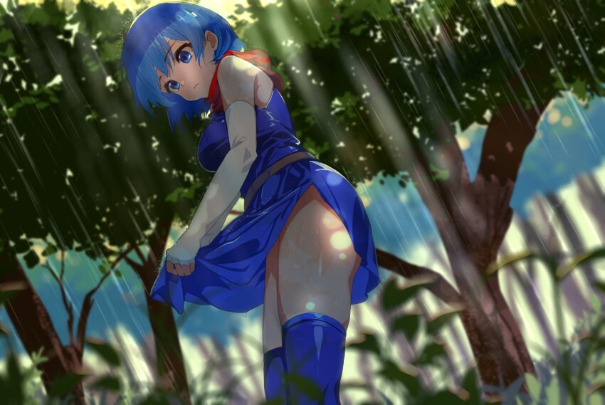 1girl ahonoko bare_shoulders blue_dress blue_eyes blue_hair breasts catria_(fire_emblem) dappled_sunlight dress elbow_gloves expressionless fingerless_gloves fire_emblem fire_emblem:_mystery_of_the_emblem forest gloves headband highres light_rays medium_breasts nature nintendo outdoors pegasus_knight_uniform_(fire_emblem) short_dress short_hair side_slit solo sunlight thick_thighs thighhighs thighs tree tree_shade white_gloves white_headband zettai_ryouiki