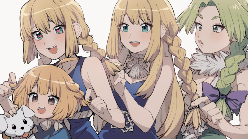 4girls absurdres blonde_hair blue_dress blush braid dog dr._stone dress hanada_nikki heart heart-shaped_pupils highres kohaku_(dr._stone) kojirou_(kojirou_sousaku) multiple_girls open_mouth rope_belt ruri_(dr._stone) suika_(dr._stone) symbol-shaped_pupils