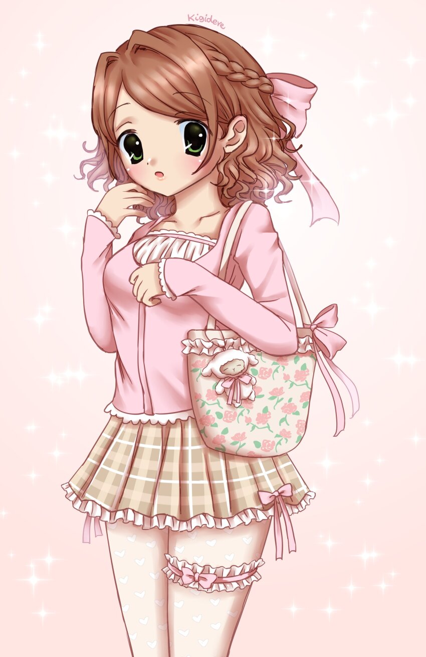 1girl absurdres artist_name bag bag_charm brown_hair charm_(object) cowboy_shot floral_print frilled_skirt frills green_eyes hair_ribbon hand_up handbag heart heart_print highres kigidere legs_together long_sleeves looking_at_viewer medium_hair miniskirt original pantyhose parted_lips pink_ribbon pink_shirt plaid_clothes plaid_skirt print_pantyhose ribbon shirt skirt solo standing thigh_strap