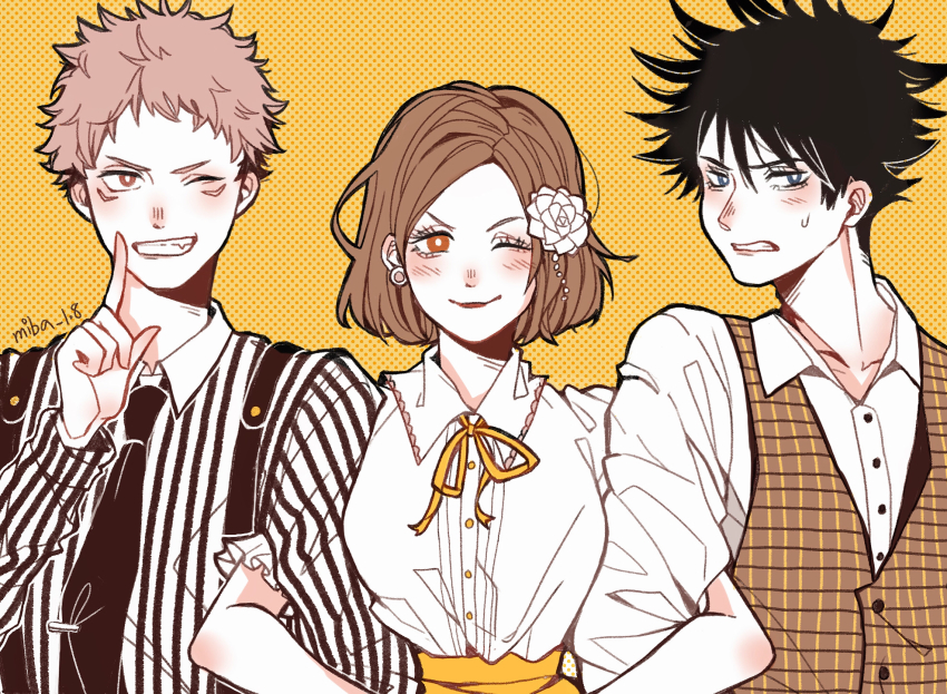 1girl 2boys artist_name black_eyes black_hair blush brown_eyes brown_hair brown_vest closed_mouth collared_shirt earrings facial_mark flower fushiguro_megumi grin hair_between_eyes hair_flower hair_ornament hand_up highres itadori_yuuji jewelry jujutsu_kaisen kugisaki_nobara locked_arms looking_at_viewer miba multiple_boys neck_ribbon one_eye_closed parted_bangs ribbon shirt short_hair smile spiked_hair striped_clothes striped_shirt suspenders sweatdrop undercut upper_body v-shaped_eyebrows vest white_shirt yellow_background yellow_ribbon yellow_theme