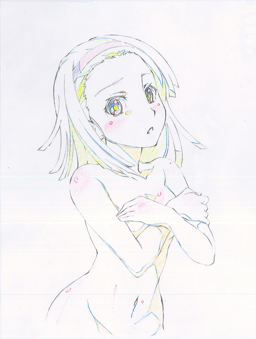 10s 1girl anno_masato bakemonogatari breasts colored_pencil_(medium) completely_nude covering_breasts covering_privates crossed_arms female_focus forehead hairband highres monogatari_(series) nisemonogatari nude nude_cover parted_lips sengoku_nadeko solo traditional_media