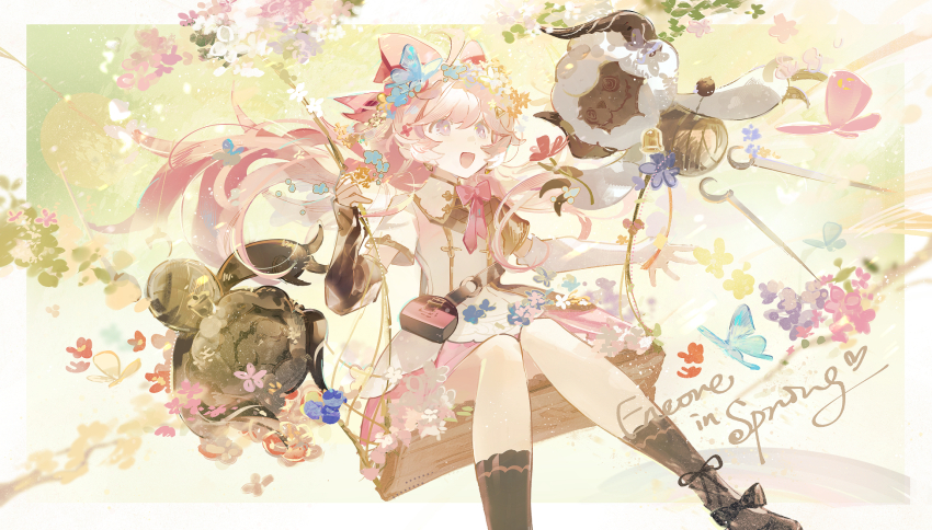 1girl :d ahoge asymmetrical_sleeves bag black_bag black_dress black_footwear black_sleeves black_socks blue_butterfly blue_flower blush border bow bowtie bug butterfly character_name chinese_commentary commentary_request detached_sleeves dress earrings encore_(wuthering_waves) english_text floating_hair flower flower_wreath foot_out_of_frame gold_trim hair_between_eyes hair_bow hair_ornament hairclip head_wreath heart highres insect jewelry lens_flare long_hair long_sleeves looking_up low_twintails mismatched_sleeves o-ring open_mouth orange_flower outside_border pink_bow pink_bowtie pink_butterfly pink_flower pink_hair pink_skirt purple_eyes red_flower satonishi shoes short_sleeves sidelocks sitting skirt smile socks solo stuffed_animal stuffed_sheep stuffed_toy swing swinging twintails two-tone_dress white_border white_dress white_flower white_sleeves wuthering_waves yellow_butterfly yellow_flower