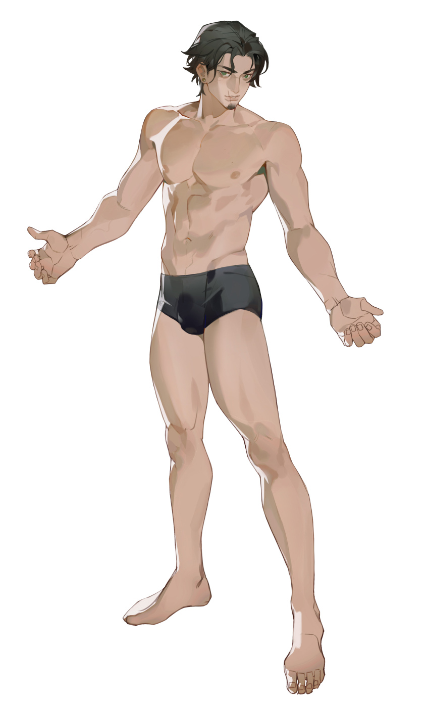 1boy abs absurdres bare_legs barefoot black_hair boxers bulge character_request collarbone copyright_request curled_fingers earrings facial_hair fingernails full_body goatee green_eyes highres invisible_floor jewelry jiao_qiang_bu_sha knees lats legs looking_at_viewer male_focus male_underwear navel nipples open_hands outstretched_arms parted_bangs pectorals scar scar_on_face scar_on_mouth short_hair simple_background solo spread_arms standing stomach toenails toes toned toned_male underwear underwear_only white_background