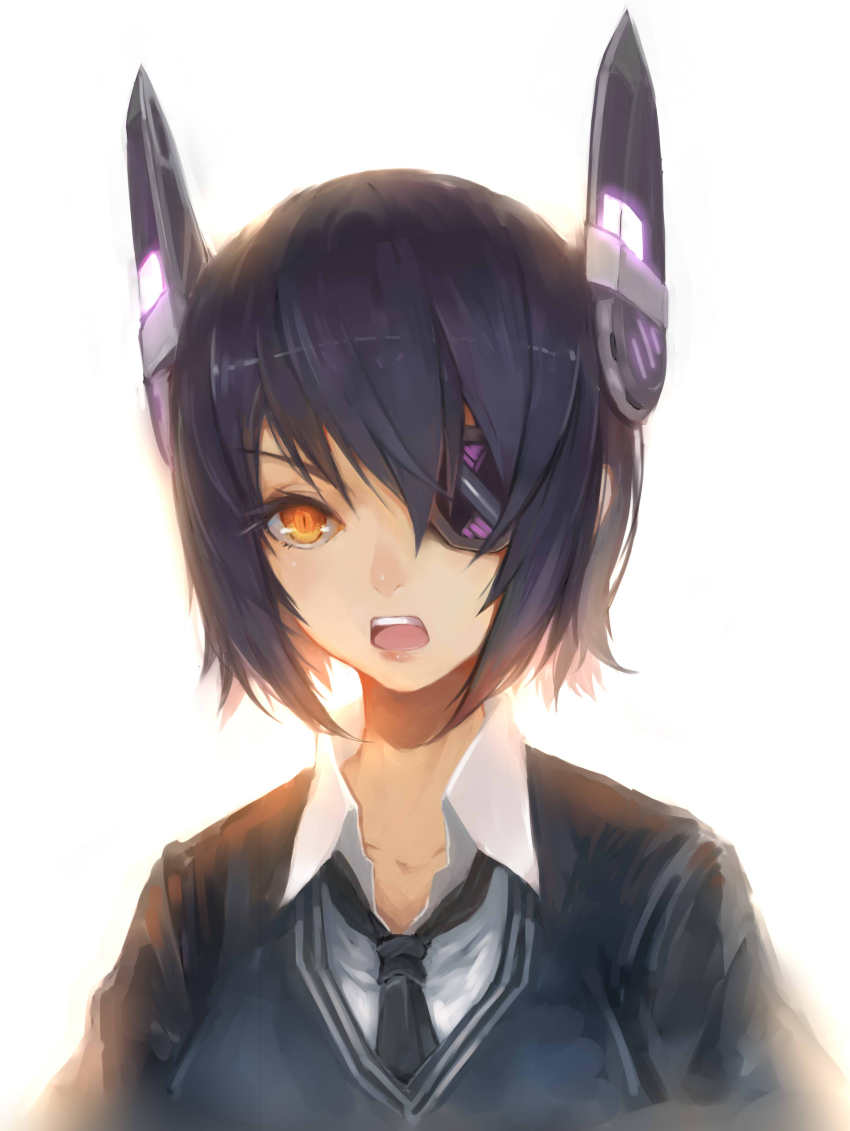 10s 1girl absurdres ascot bad_id bad_pixiv_id eyepatch female_focus headgear highres kantai_collection open_mouth purple_hair short_hair slit_pupils sola7764 solo tenryuu_(kancolle) yellow_eyes