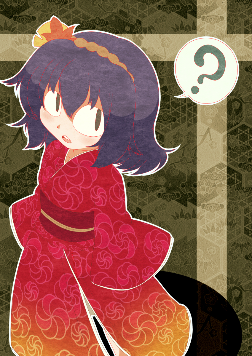 1girl ? absurdres aged_down bad_id bad_pixiv_id child female_focus hair_ornament highres japanese_clothes kimono long_sleeves obi open_mouth purple_hair sash short_hair sleeves_past_wrists slit_pupils snake-eyed_kanako solo touhou yasaka_kanako yuki_shiro