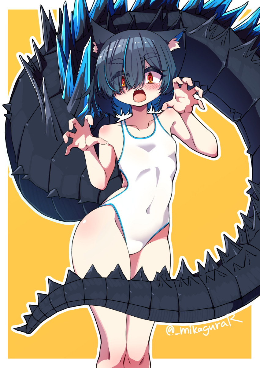 1girl absurdres animal_ear_fluff animal_ears artist_name black_hair blue_hair blush breasts claw_pose colored_inner_hair covered_navel eyebrows_hidden_by_hair fox_ears full-face_blush gao groin hair_between_eyes hair_over_one_eye highres large_tail looking_at_viewer mikagura monster_girl multicolored_hair one-piece_swimsuit open_mouth original sharp_teeth short_hair silhouette simple_background small_breasts smile solo spiked_tail swimsuit tail teeth upper_teeth_only white_one-piece_swimsuit yellow_background