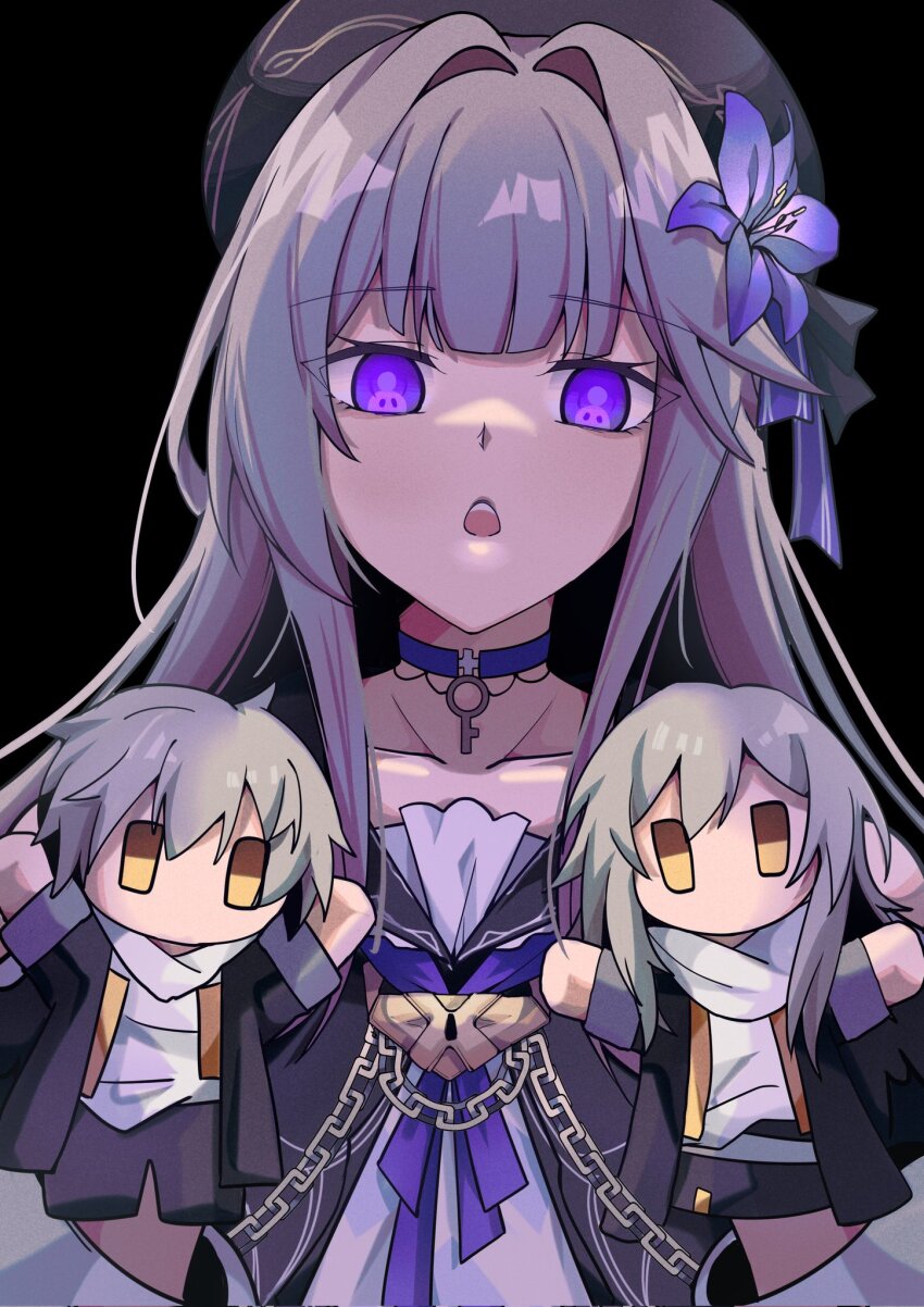 1girl black_background black_hat blue_choker caelus_(honkai:_star_rail) chain chestnut_mouth choker collarbone flower grey_hair hair_flower hair_intakes hair_ornament hand_puppet hands_up hat herta_(honkai:_star_rail) highres honkai:_star_rail honkai_(series) key lock long_hair looking_at_viewer open_mouth pokarii_zuu puppet purple_eyes purple_flower sidelocks solo stelle_(honkai:_star_rail) trailblazer_(honkai:_star_rail) upper_body