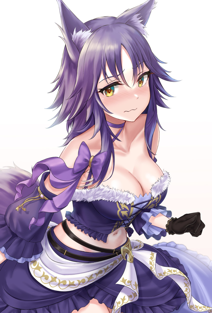 1girl absurdres animal_ear_fluff animal_ears black_gloves blush breasts choker cleavage collarbone detached_sleeves frilled_sleeves frills gloves highres looking_at_viewer makoto_(cinderella)_(princess_connect!) makoto_(princess_connect!) medium_breasts medium_hair midriff navel princess_connect! purple_choker purple_hair rama_(yu-light8) ribbon_choker solo strapless wavy_mouth white_background yellow_eyes