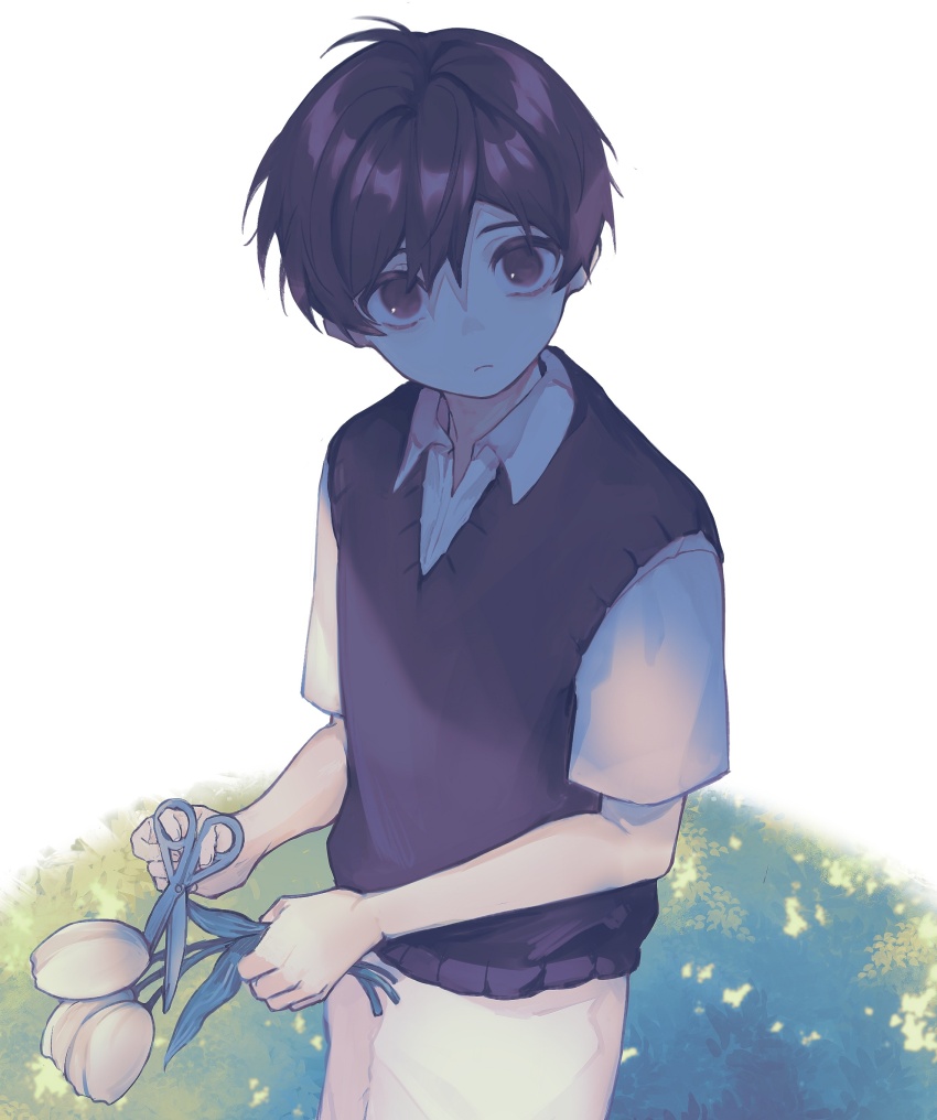 1boy black_eyes black_hair black_sweater_vest collared_shirt expressionless flower highres holding holding_flower holding_scissors looking_at_viewer omori scissors shirt short_hair short_sleeves shorts solo sunny_(omori) sweater_vest u_u5385 white_shirt white_shorts