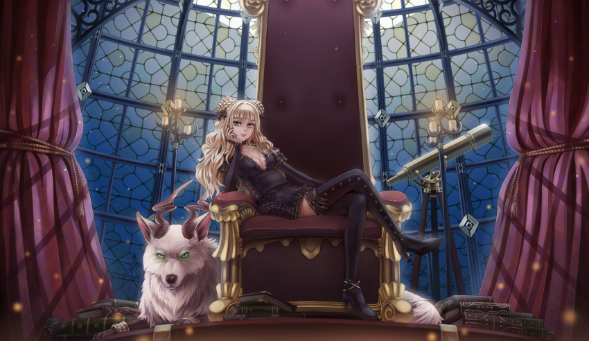 1girl blonde_hair boots bow braid breasts bridal_gauntlets candle candlestand cleavage double_bun familiar french_braid goat_horns green_eyes hair_bow highres horns large_breasts crossed_legs lips long_hair poison_pink raki_(poison_pink) sitting sunimu telescope thage thigh_boots thighhighs throne