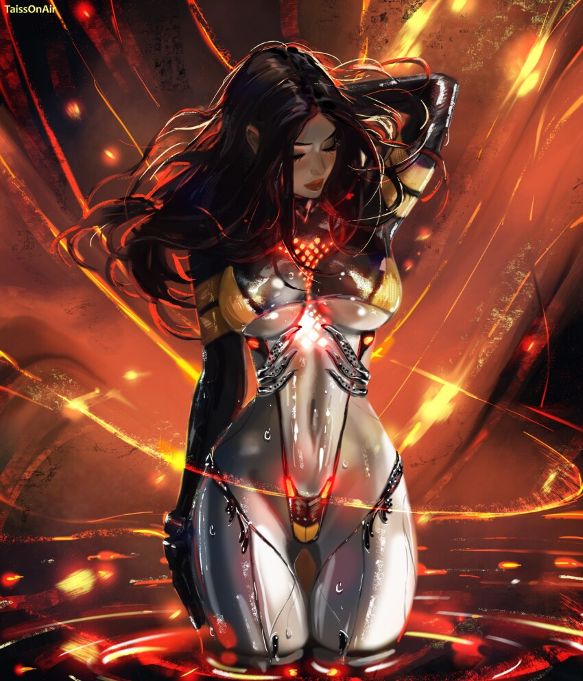 1girl arm_behind_head artist_name black_bodysuit black_hair bodysuit breasts brown_bodysuit closed_eyes commentary commission covered_navel english_commentary facing_down highres impossible_bodysuit impossible_clothes large_breasts long_hair multicolored_bodysuit multicolored_clothes partially_submerged silver_bodysuit solo stellar_blade tachy_(stellar_blade) tatti_art thigh_gap