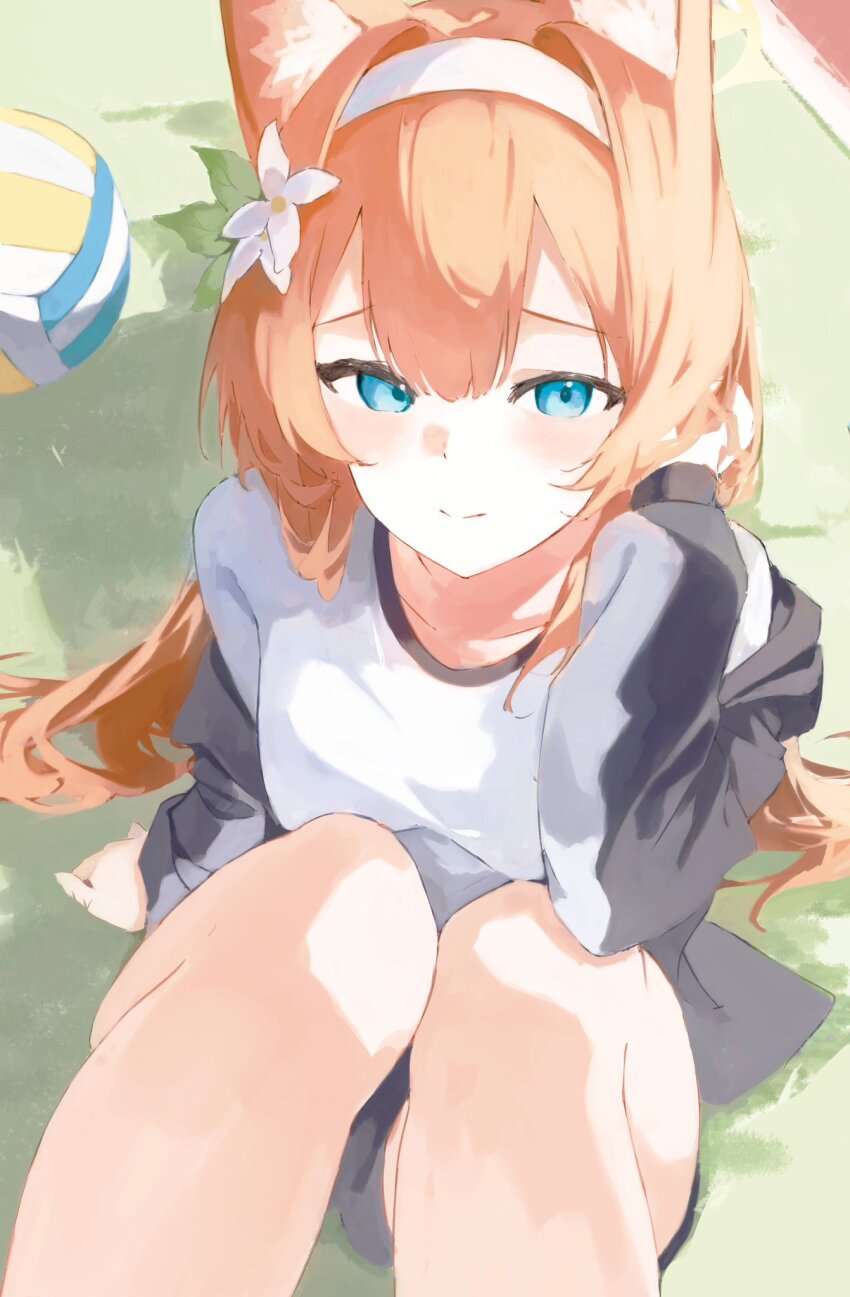 1girl animal_ear_fluff animal_ears ball blue_archive cat_ears flower green_eyes hair_flower hair_ornament hand_in_own_hair hand_on_floor headband highres mari_(blue_archive) mari_(track)_(blue_archive) on_floor on_grass orange_hair pop88715091pop smile sportswear volleyball_(object)