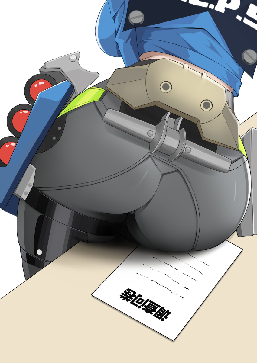 1girl absurdres ass ass_focus grey_pants highres lower_body pants paper police police_uniform shadow simple_background sitting solo table thighs uniform white_background wo_shige_lu_chile_ni zenless_zone_zero zhu_yuan