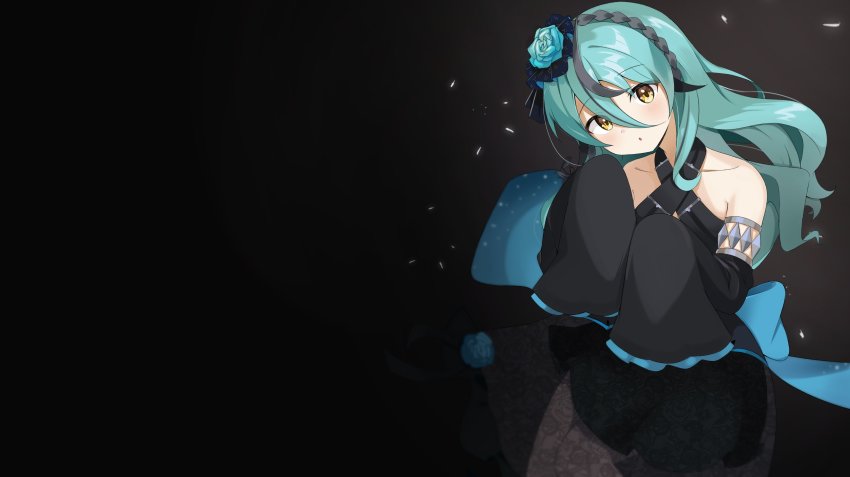 1girl :o absurdres black_background black_dress blue_flower blue_hair blue_rose collarbone detached_sleeves dress flower hair_flower hair_ornament halterneck head_tilt highres light_blush long_hair nijisanji nijisanji_kr open_mouth rose ryu_hari ryuryuyangyang sleeves_past_fingers sleeves_past_wrists solo virtual_youtuber yellow_eyes