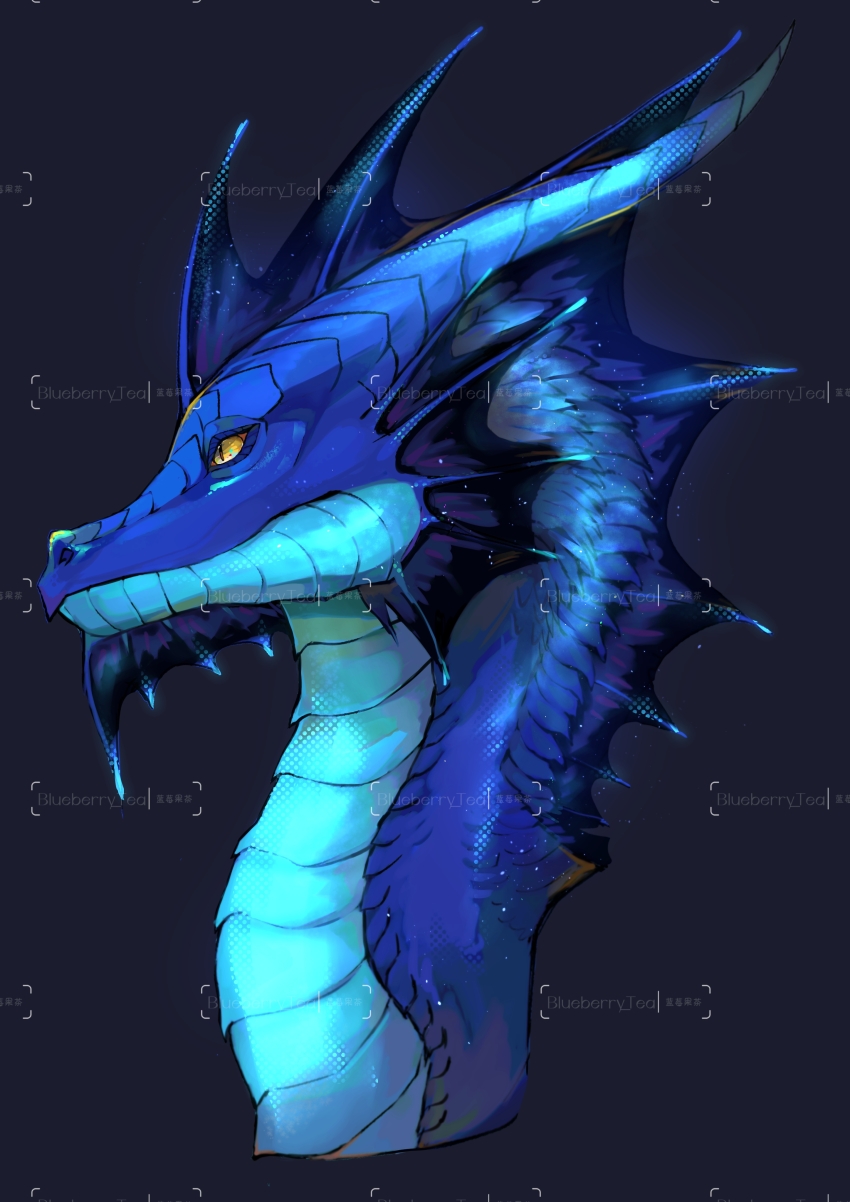 absurdres animal_focus artist_name black_background blueberry_tea closed_mouth colored_sclera commission dragon from_side glowing highres no_humans orange_sclera original portrait simple_background slit_pupils solo watermark yellow_eyes