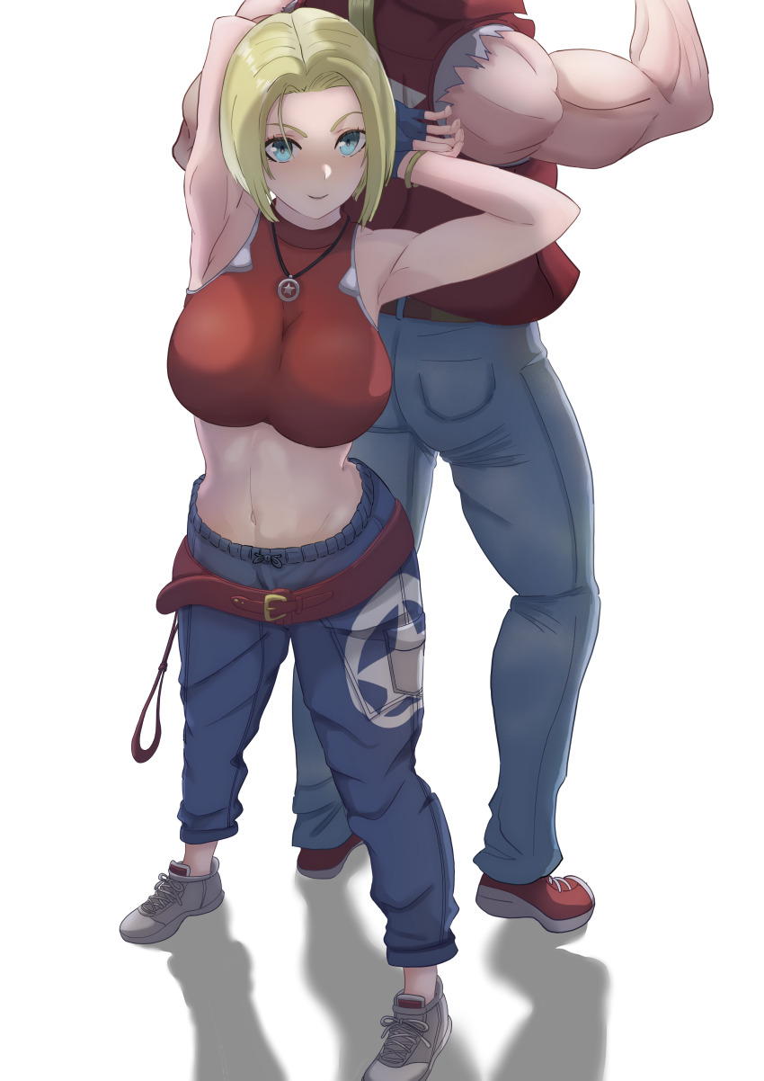 1boy 1girl absurdres ahoge armpits arms_behind_head arms_up belt blonde_hair blue_eyes blue_mary bracelet breasts crop_top denim fatal_fury fingerless_gloves gloves hidora1716 highres jeans jewelry large_breasts looking_at_viewer midriff muscular muscular_male navel necklace out_of_frame pants shadow shoes short_hair simple_background smile snk standing terry_bogard the_king_of_fighters white_background