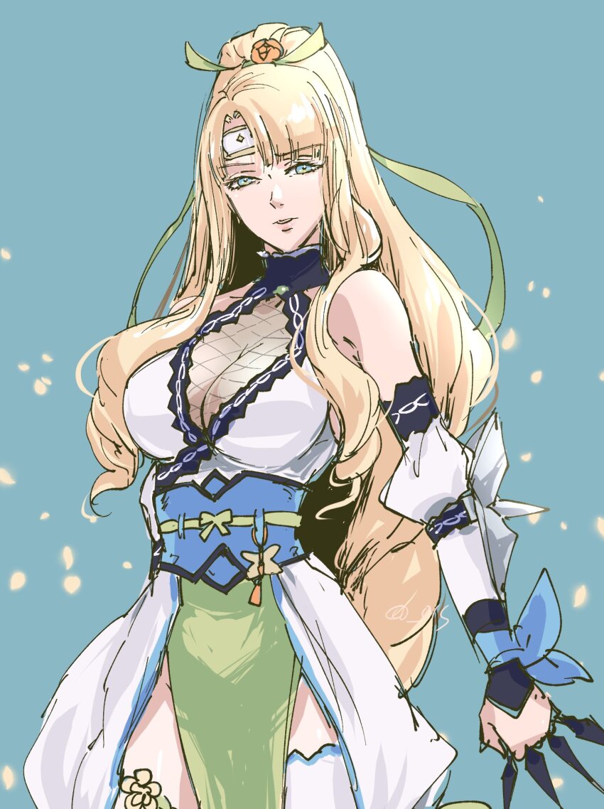 1girl alternate_costume blonde_hair breasts cleavage cowboy_shot fire_emblem fire_emblem_engage fire_emblem_heroes fishnets flower forehead_protector green_eyes highres japanese_clothes kimono kunai large_breasts long_hair looking_at_viewer mature_female monochrome_background ninja nintendo pelvic_curtain ponytail queen_eve short_kimono sketch solo thighhighs thighs umi_(_oneinchswing) weapon