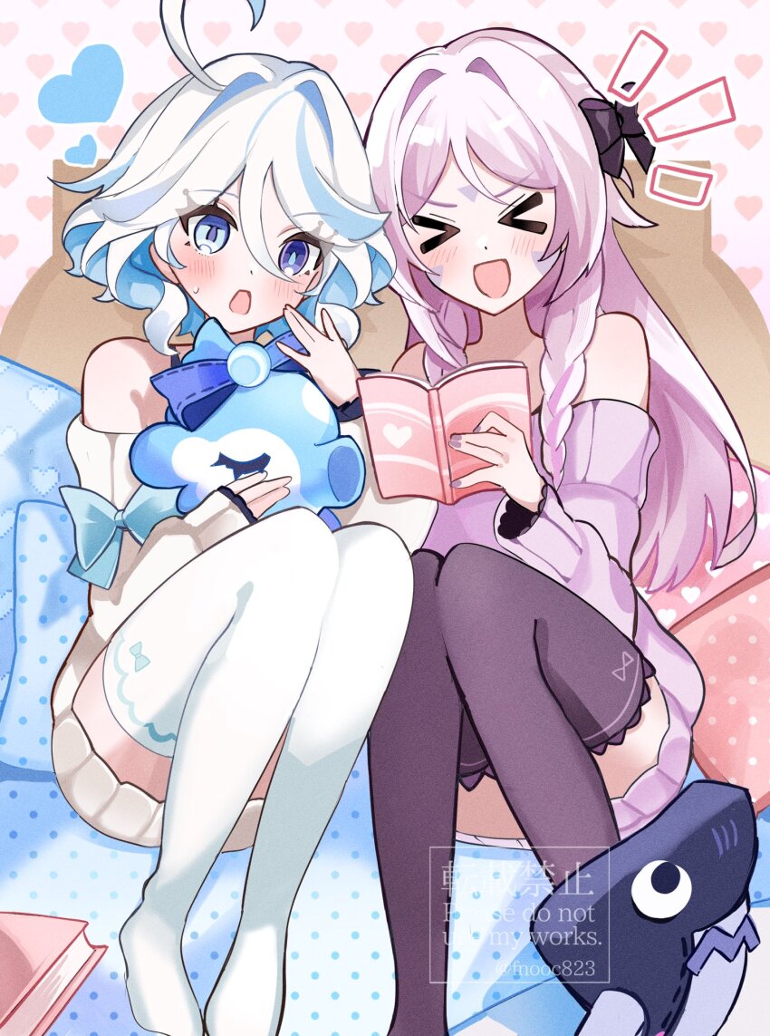 &gt;_&lt; 2girls :d ahoge bare_shoulders black_bow black_thighhighs blue_hair blue_pupils blush book bow braid brown_sweater chaena_(exmd3552) citlali_(genshin_impact) commentary_request drop-shaped_pupils facial_mark fingernails forehead_mark furina_(genshin_impact) genshin_impact hair_bow halo heterochromia highres holding holding_book light_blue_hair long_hair medium_hair multicolored_hair multiple_girls nail_polish off-shoulder_sweater off_shoulder open_mouth pink_halo pink_sweater purple_eyes small_sweatdrop smile streaked_hair sweater symbol-shaped_pupils thighhighs triangle triangle_facial_mark very_long_hair white_hair white_thighhighs xd