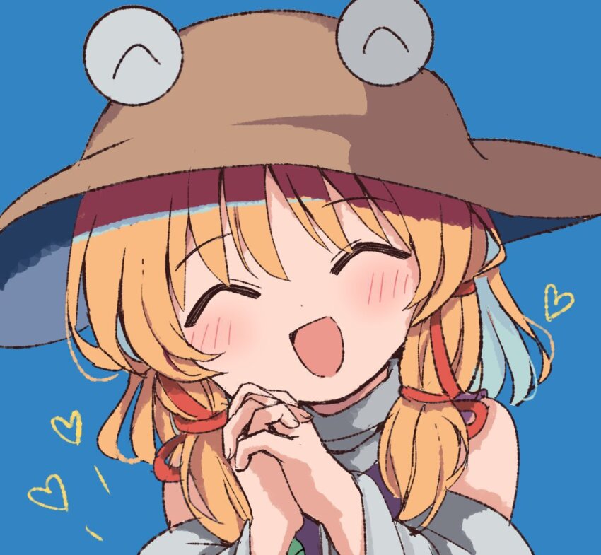 1girl ^_^ bare_shoulders blonde_hair blue_background blush closed_eyes hair_ribbon hashtag-only_commentary hat heart interlocked_fingers long_hair long_sleeves moriya_suwako open_mouth own_hands_clasped own_hands_together ramudia_(lamyun) red_ribbon ribbon sidelocks simple_background smile solo touhou turtleneck wide_sleeves