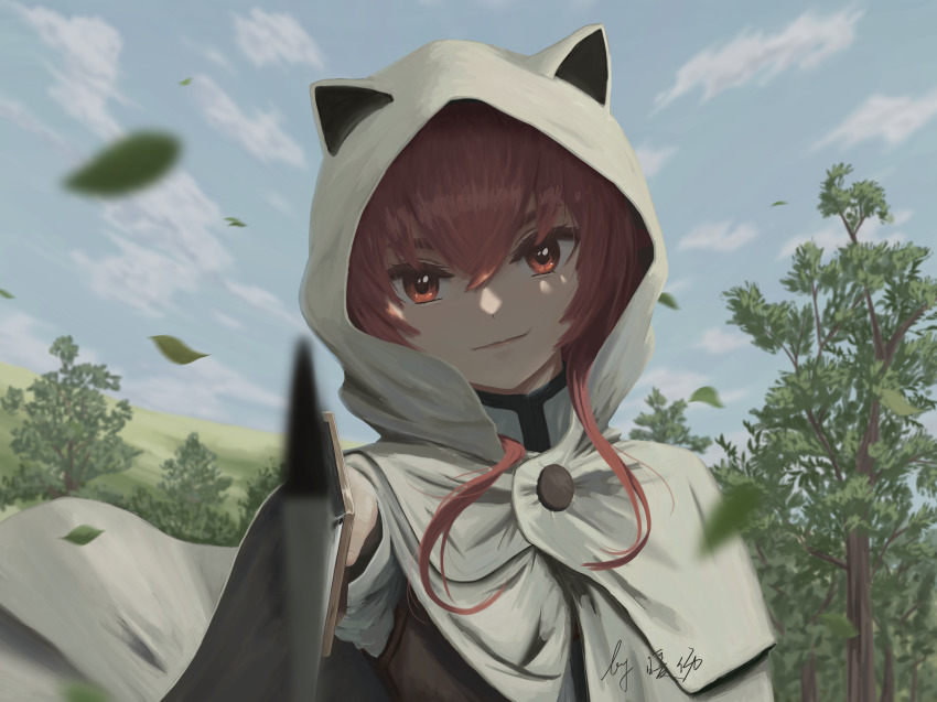 1girl absurdres animal_ears blurry blurry_foreground cape cat_ears closed_mouth cloud day eris_greyrat fake_animal_ears floating_hair grey_cape hair_between_eyes highres holding holding_sword holding_weapon hood hood_up hooded leaf looking_at_viewer motion_blur mushoku_tensei nuan_shang outdoors red_eyes red_hair short_hair_with_long_locks sidelocks smile smug solo sword upper_body weapon