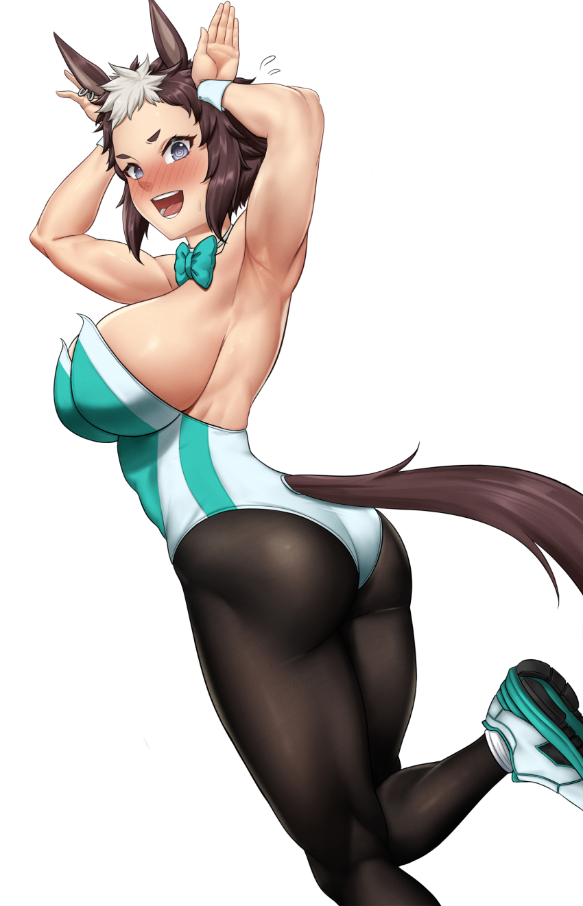 1girl @_@ alternate_breast_size animal_ears armpits arms_up ass bare_arms black_pantyhose blush bow bowtie breasts brown_hair clothing_cutout commentary earrings embarrassed flying_sweatdrops foot_up grey_hair highres horse_ears horse_girl horse_tail jewelry leotard looking_at_viewer mejiro_ryan_(umamusume) multicolored_hair nervous_smile nose_blush open_mouth pantyhose purple_eyes rabbit_pose shoes short_eyebrows short_hair sideboob simple_background smile socks solo stmoon strapless strapless_leotard striped_clothes striped_leotard symbol-only_commentary tail tail_through_clothes twisted_torso two-tone_hair umamusume white_background white_socks