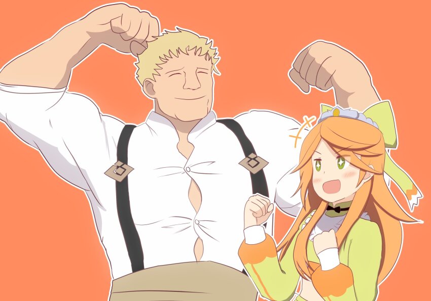 1boy 1girl blonde_hair bow curakuru etie_(fire_emblem) fire_emblem fire_emblem:_three_houses fire_emblem_engage green_bow highres muscular muscular_male nintendo open_mouth orange_hair raphael_kirsten suspenders tiara upper_body