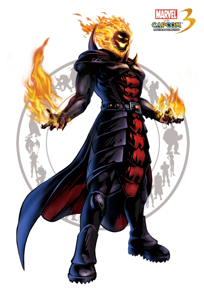 1boy absurdres capcom cape demon dormammu fire full_body highres male_focus marvel marvel_vs._capcom marvel_vs._capcom_3 official_art simple_background solo standing white_background