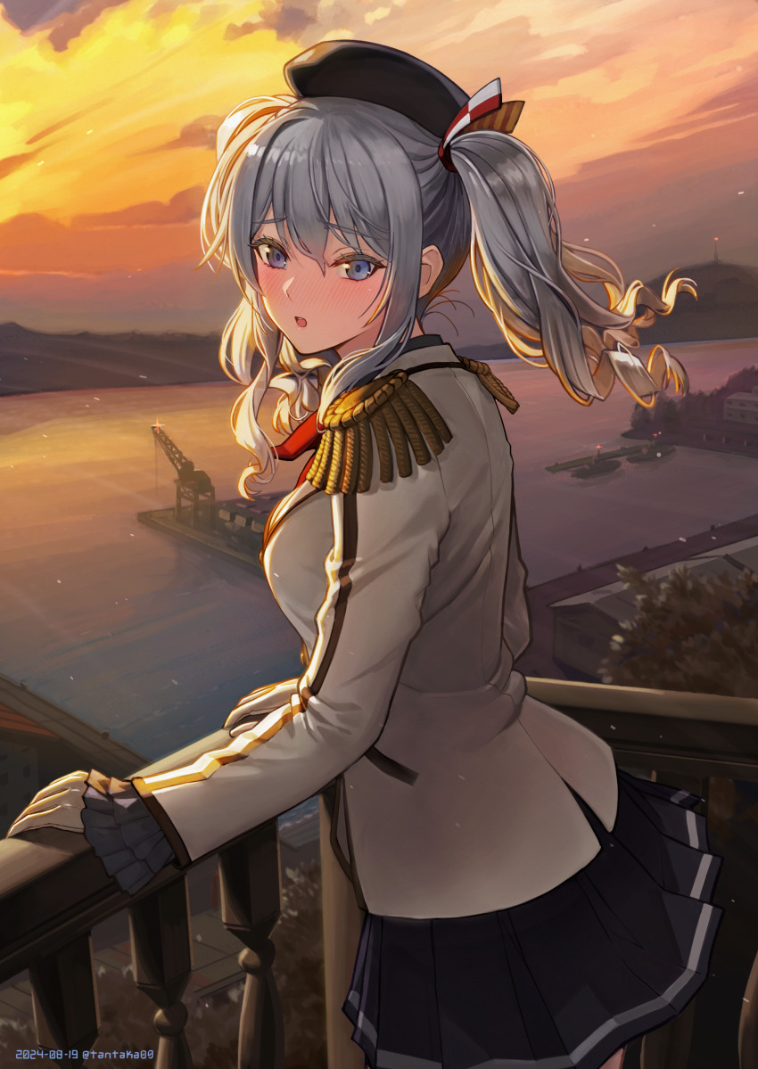 1girl absurdres beret black_hat black_skirt blue_eyes breasts building crane_(machine) epaulettes frilled_sleeves frills gloves grey_hair hair_between_eyes hat highres jacket kantai_collection kashima_(kancolle) large_breasts long_hair looking_at_viewer military_jacket miniskirt neckerchief outdoors pleated_skirt red_neckerchief skirt solo tantaka twintails wavy_hair white_gloves